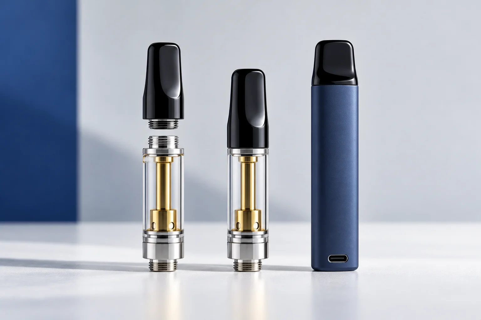 Screw-on and snap-fit 510 vape cartridges beside an all-in-one disposable device