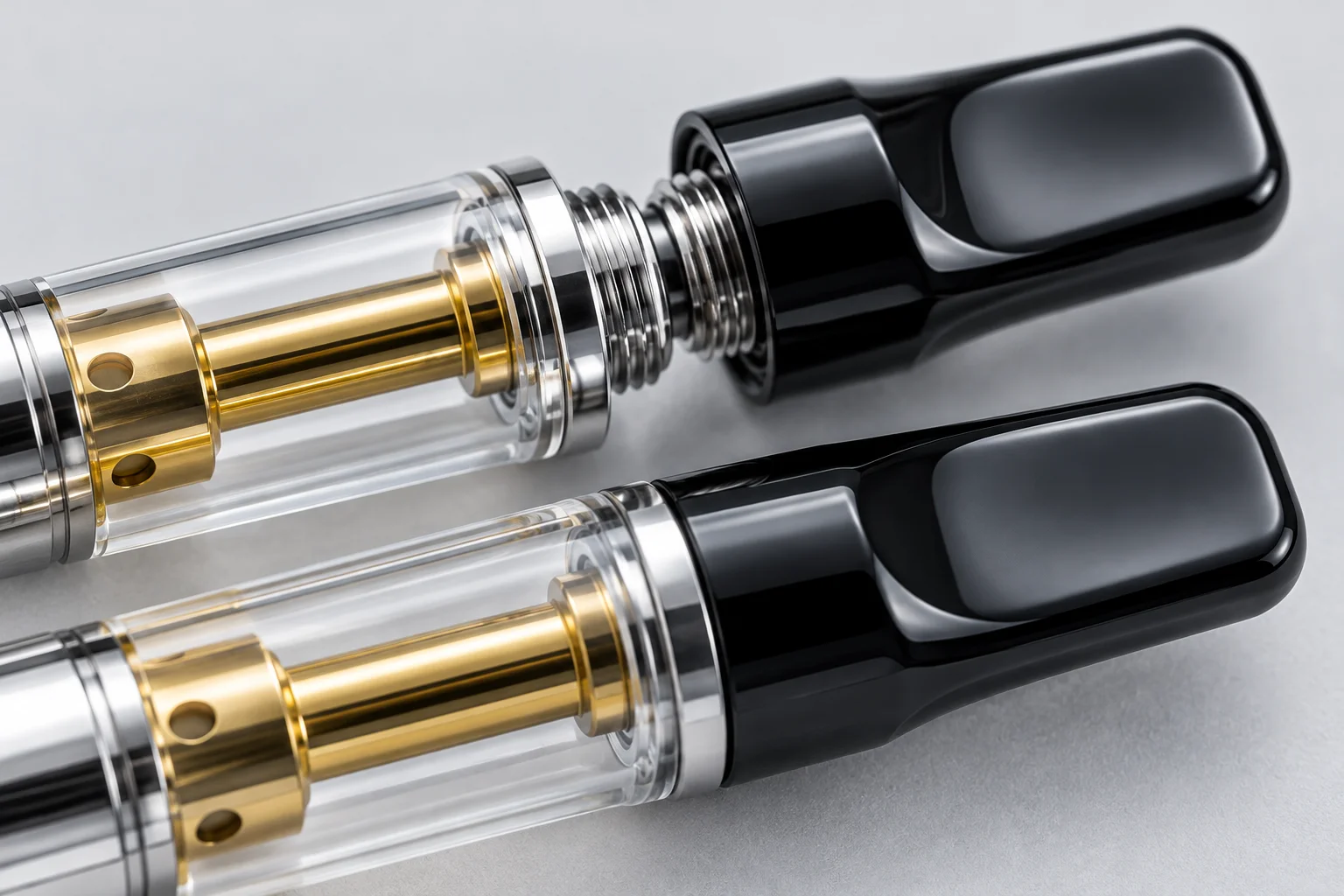 Close-up of a threaded screw-on mouthpiece next to a smooth snap-fit mouthpiece