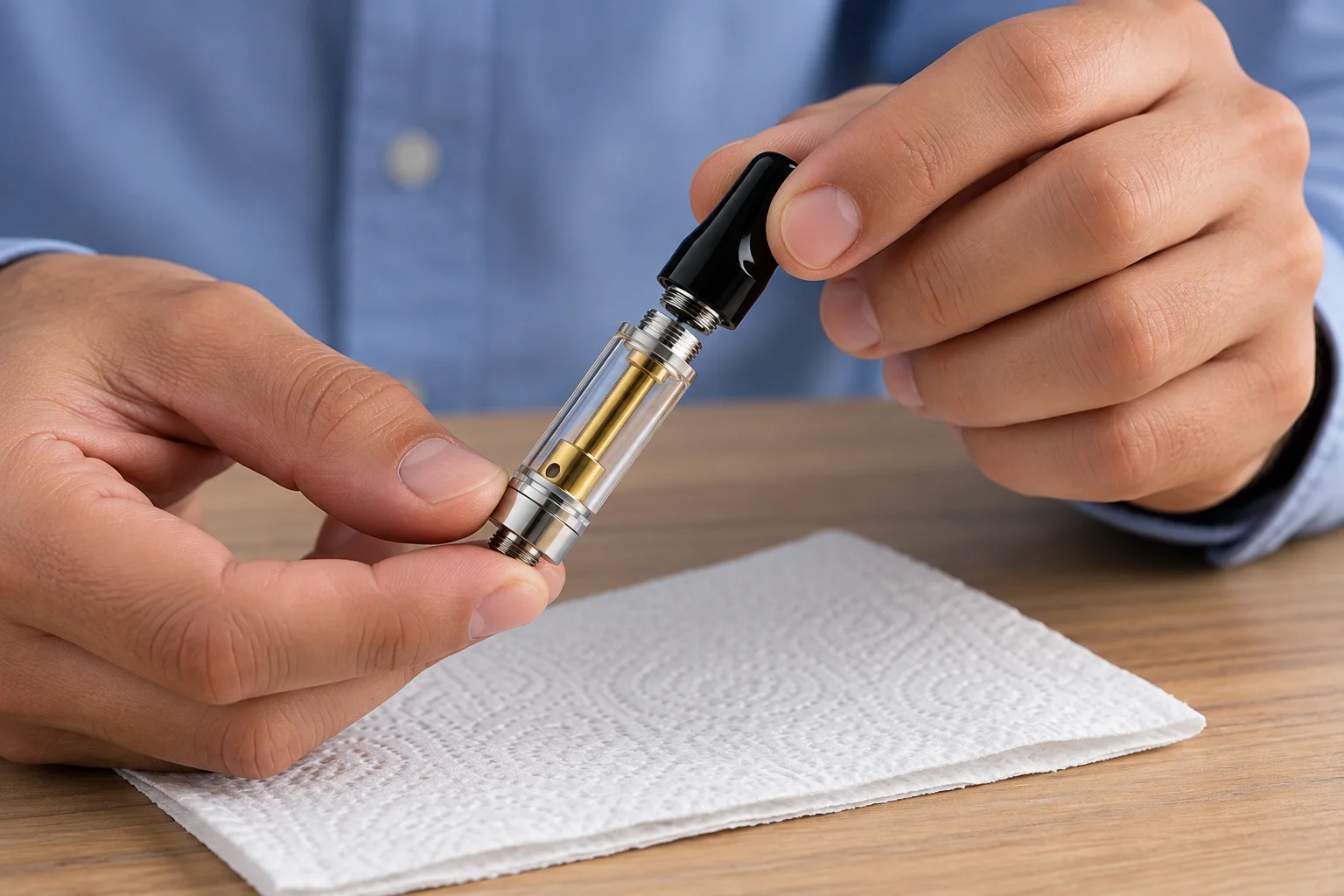 Hands opening a screw-on vape cartridge by holding the metal base and turning the mouthpiece