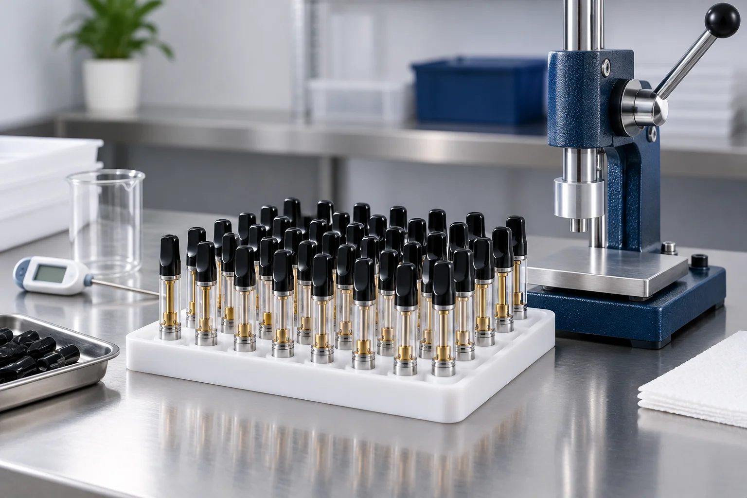Tray of filled vape cartridges under a benchtop arbor press during batch capping