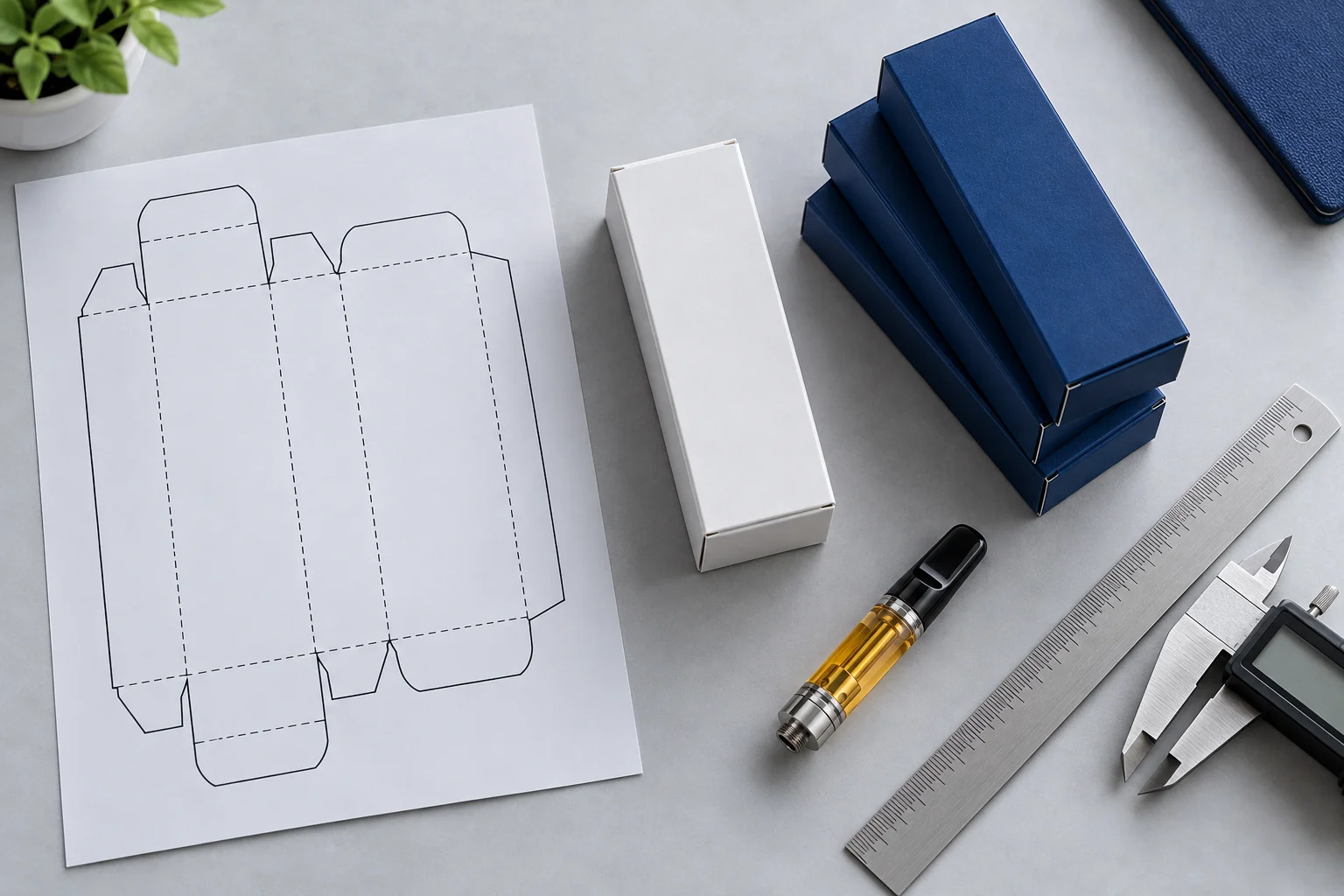 Cartridge box dieline, plain sample box and printed boxes with a caliper on a desk