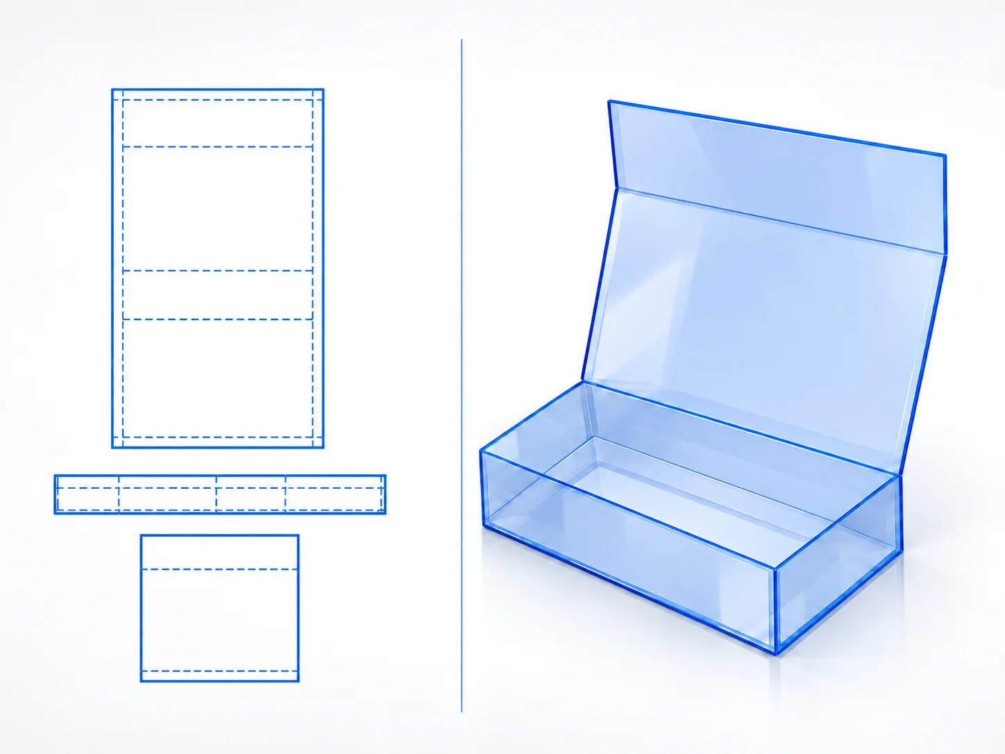 Magnetic Closure Box dieline and transparent 3D box structure