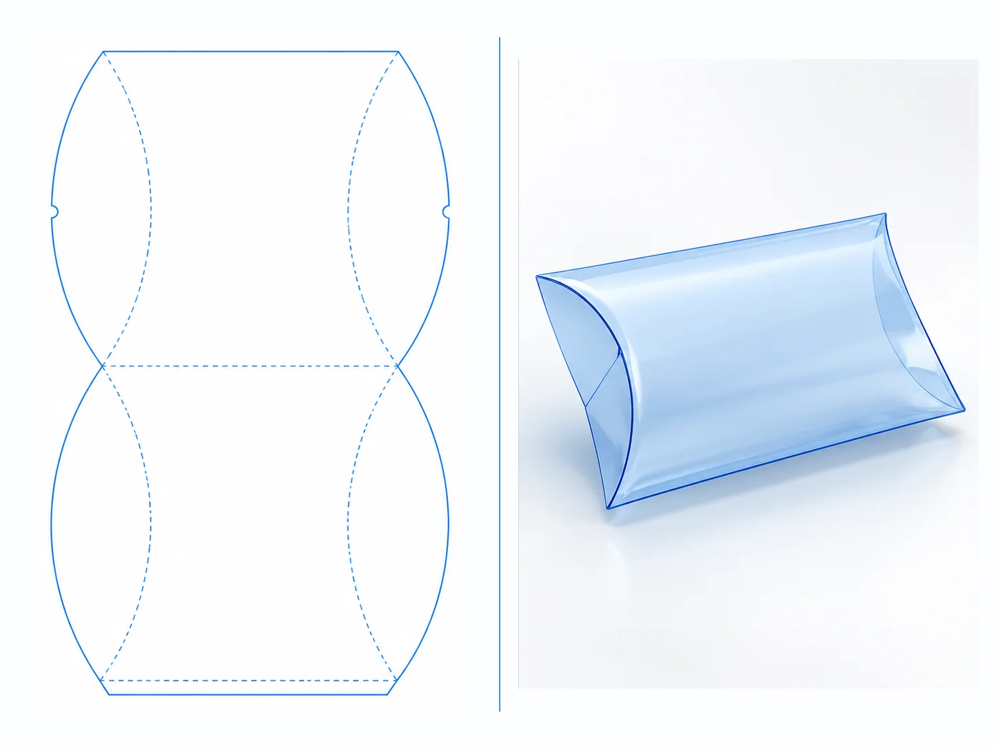 Pillow Box dieline and transparent 3D box structure