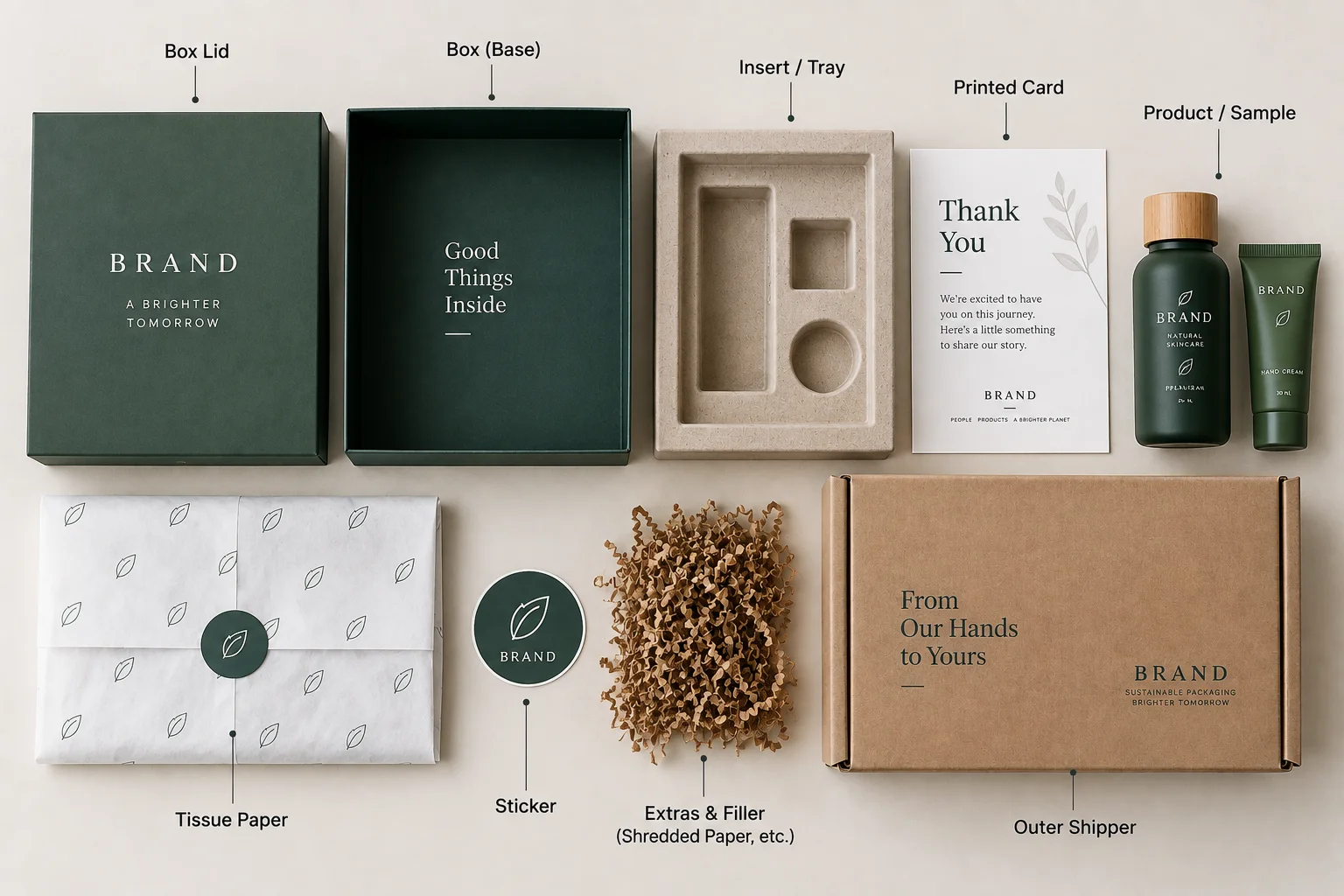 press kit components laid out flat showing every element that carries a cost