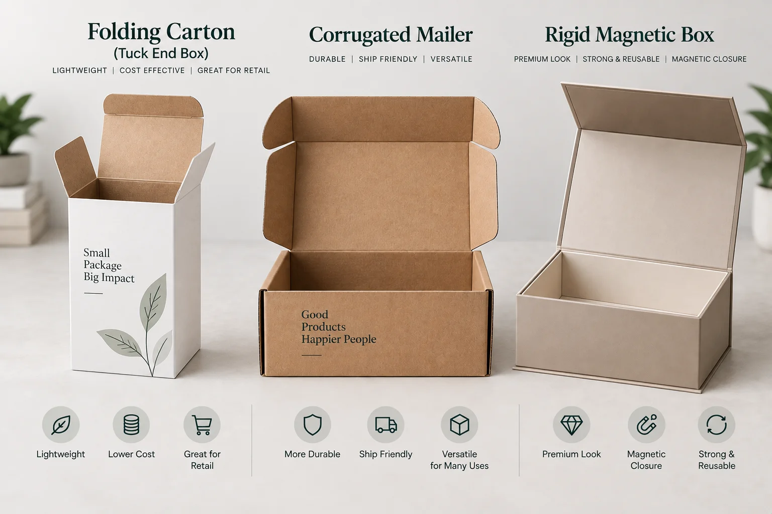 folding carton versus corrugated mailer versus rigid magnetic box compared at the same size