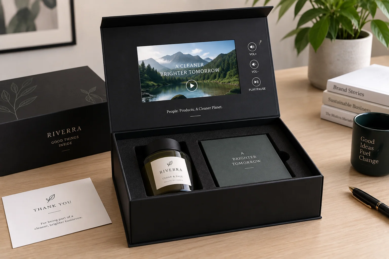 7 inch video press kit open on a desk with the screen playing next to the product