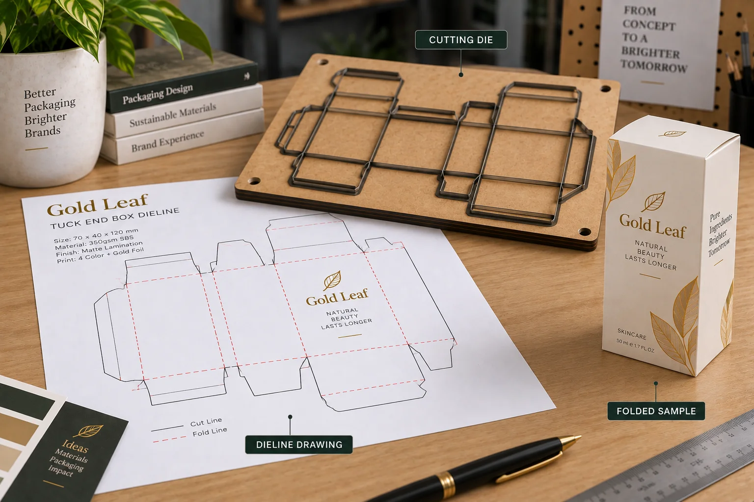 dieline drawing, cutting die, and folded box sample showing what tooling produces