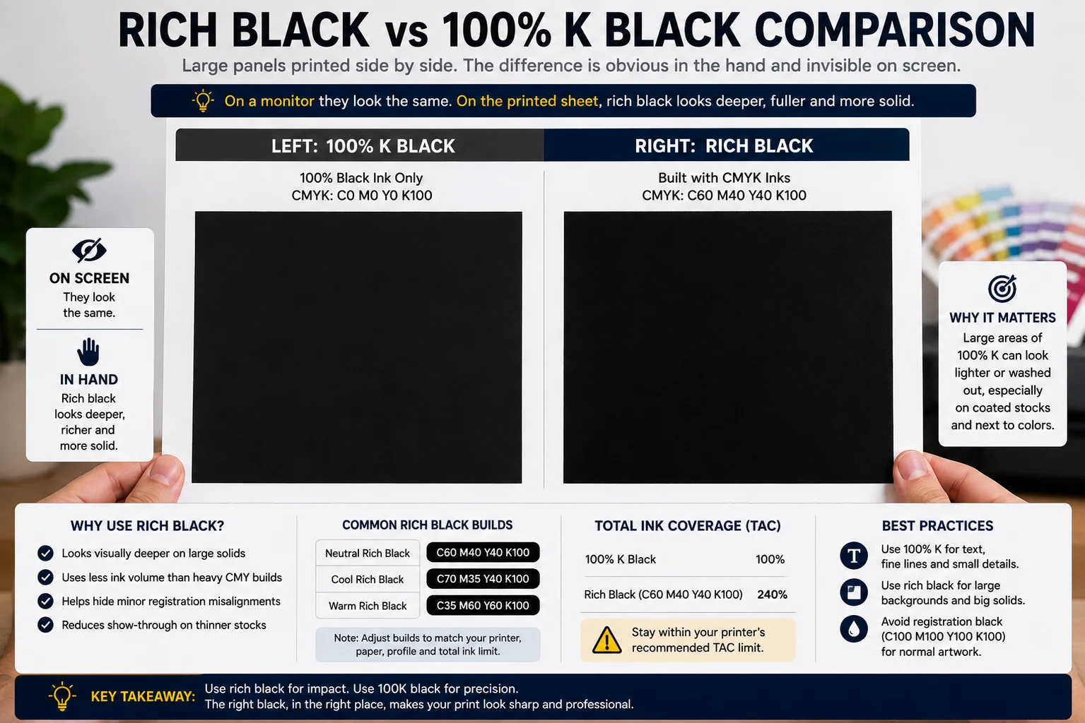 Large panel printed in 100 percent black next to the same panel in rich black CMYK