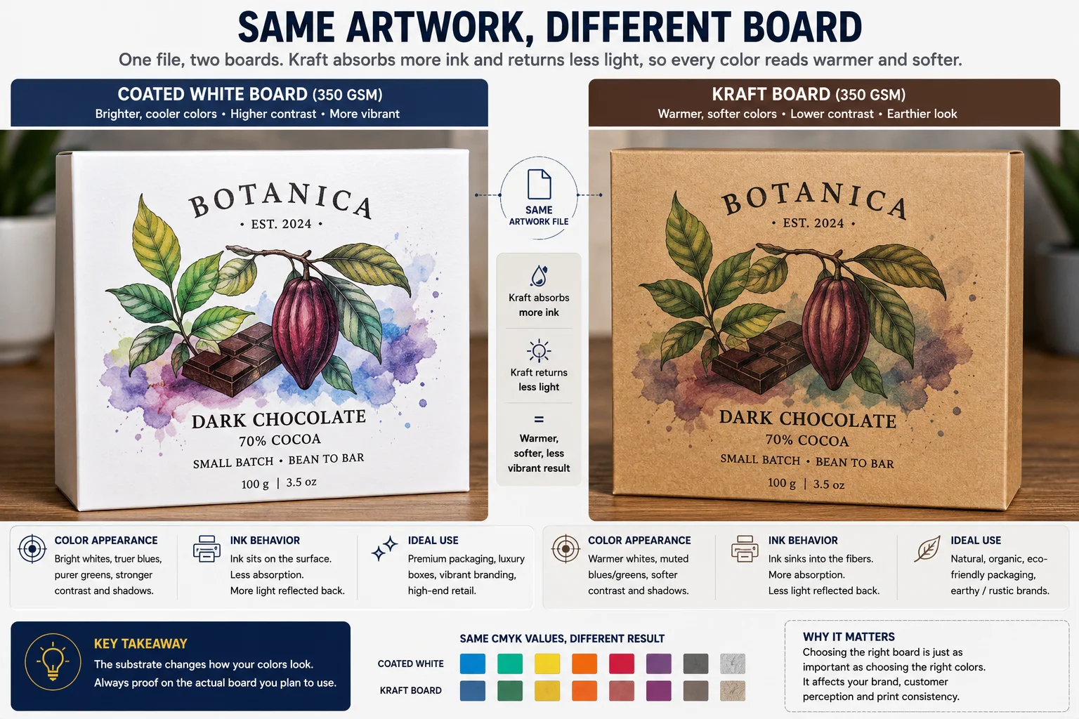Identical packaging artwork printed on coated white board and on brown kraft board