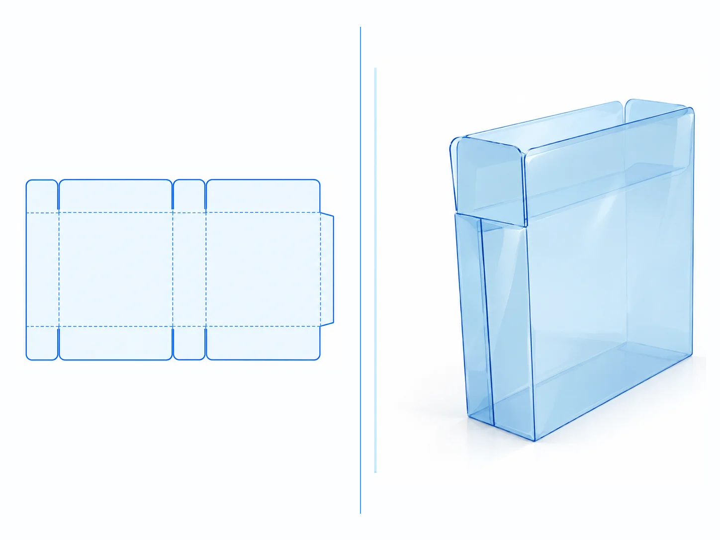 Seal End Box dieline and transparent 3D box structure