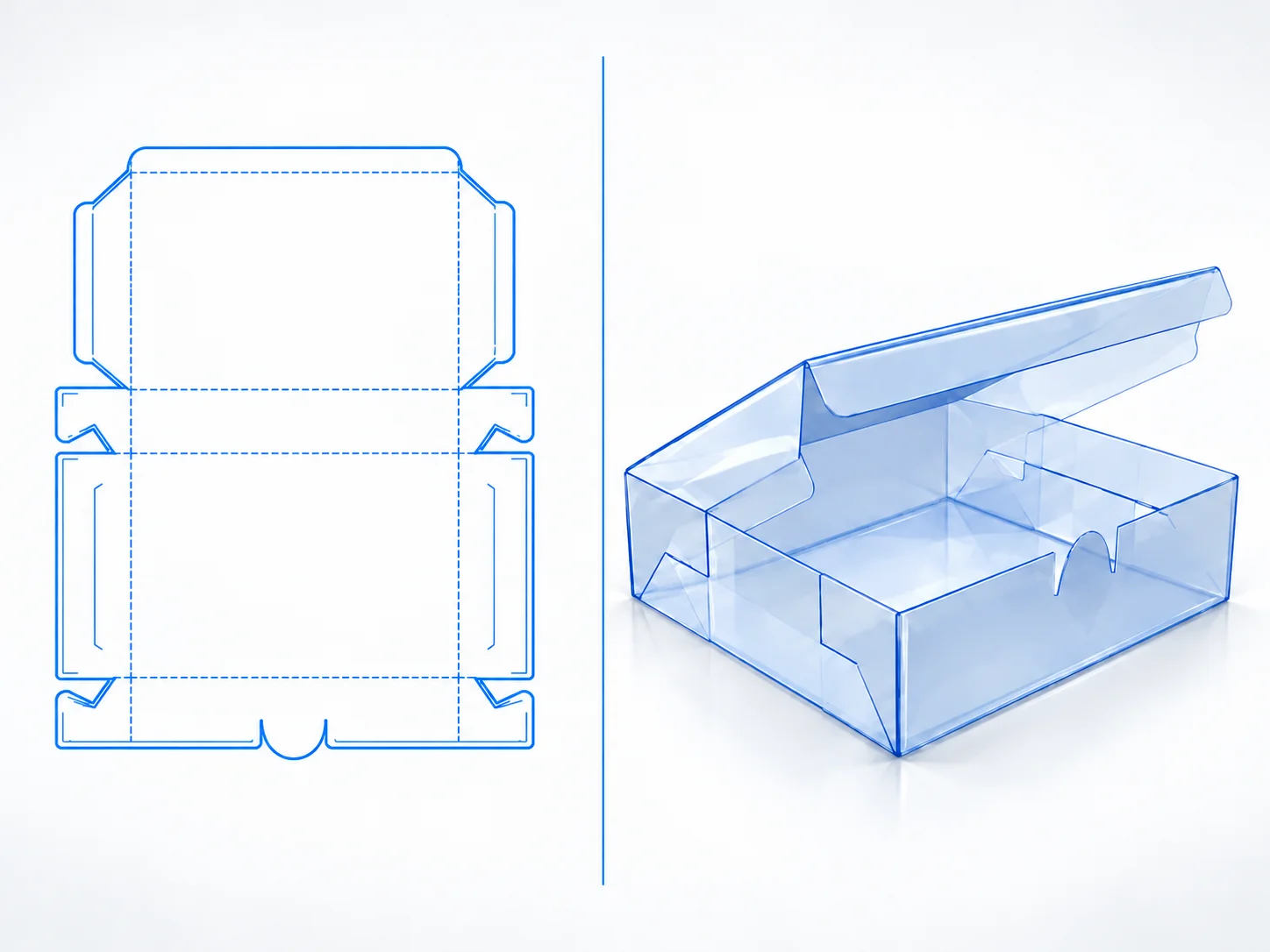 Self-Locking Flip Top dieline and transparent 3D box structure
