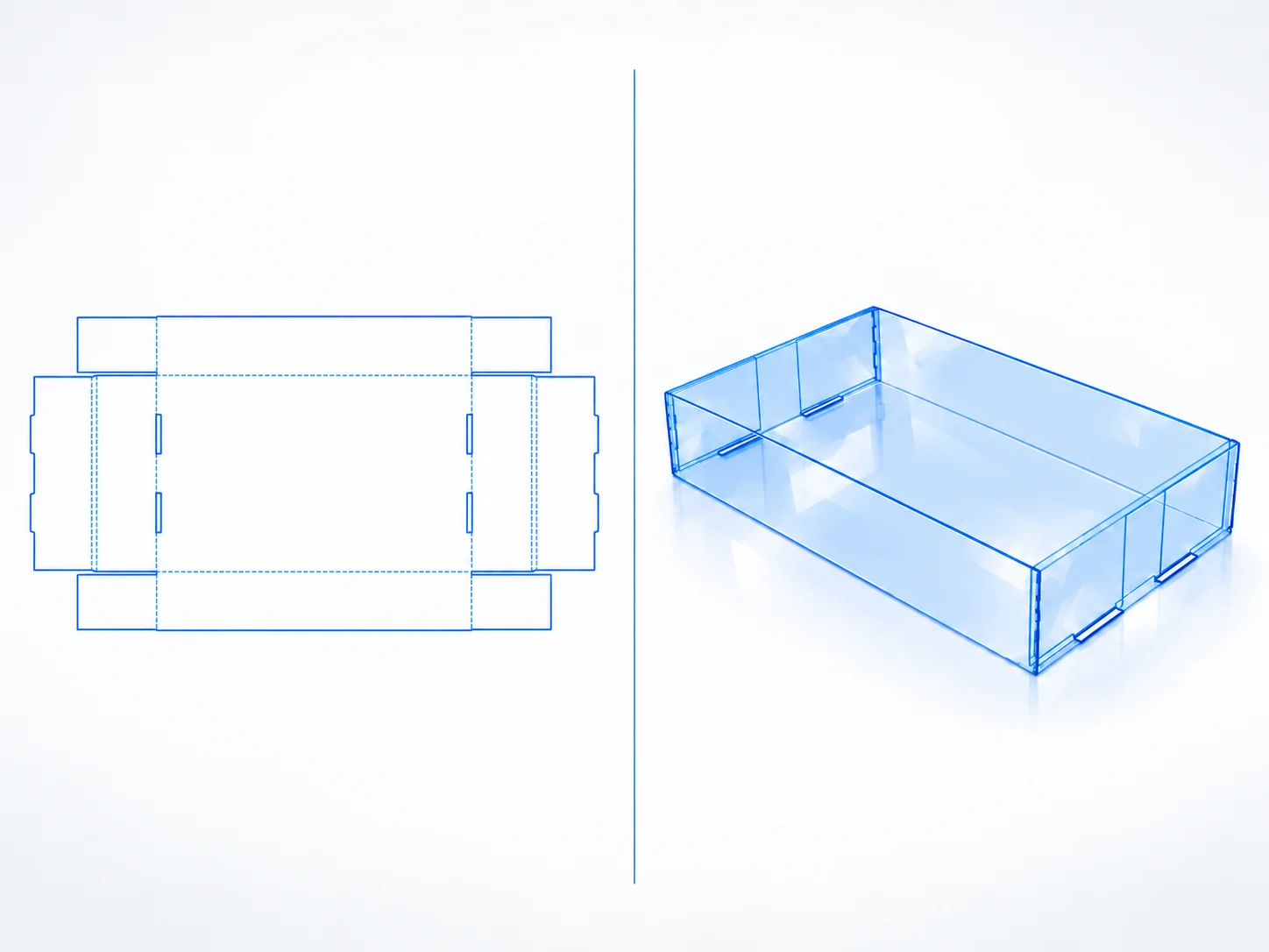 Self-Locking Tray dieline and transparent 3D box structure