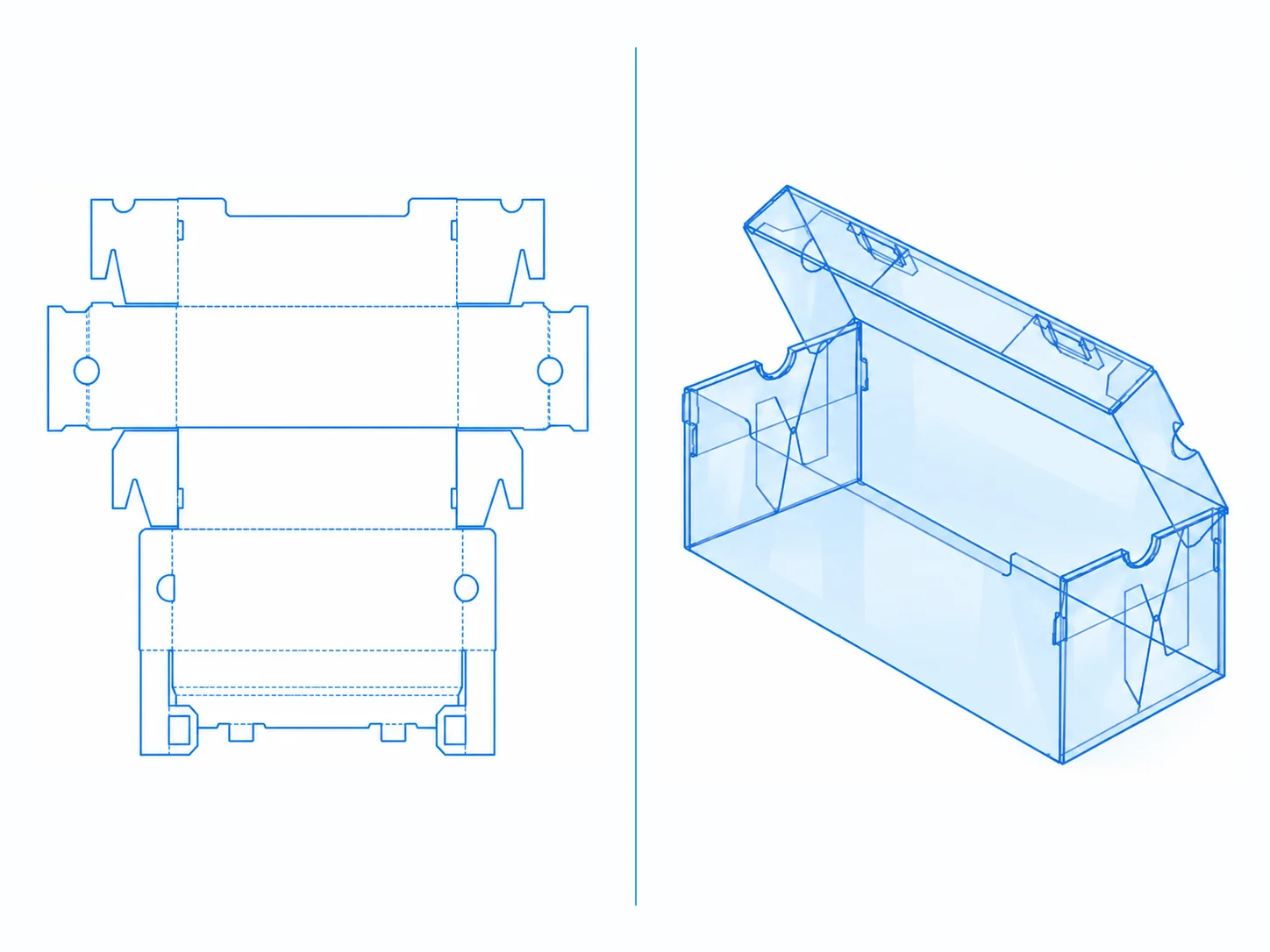 Shoe Box dieline and transparent 3D box structure