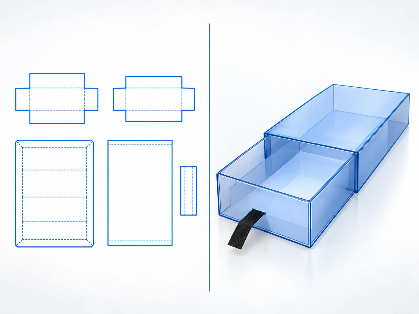 Sleeve and Tray Box dieline and transparent 3D box structure
