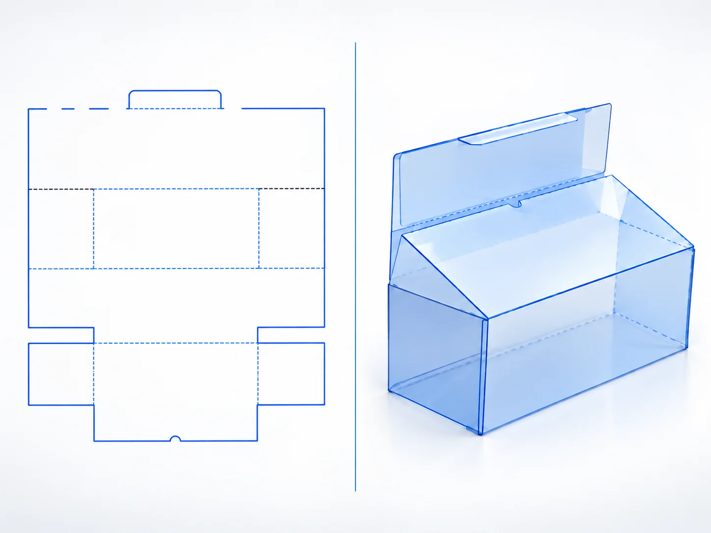 Snap-Lock Tuck End dieline and transparent 3D box structure