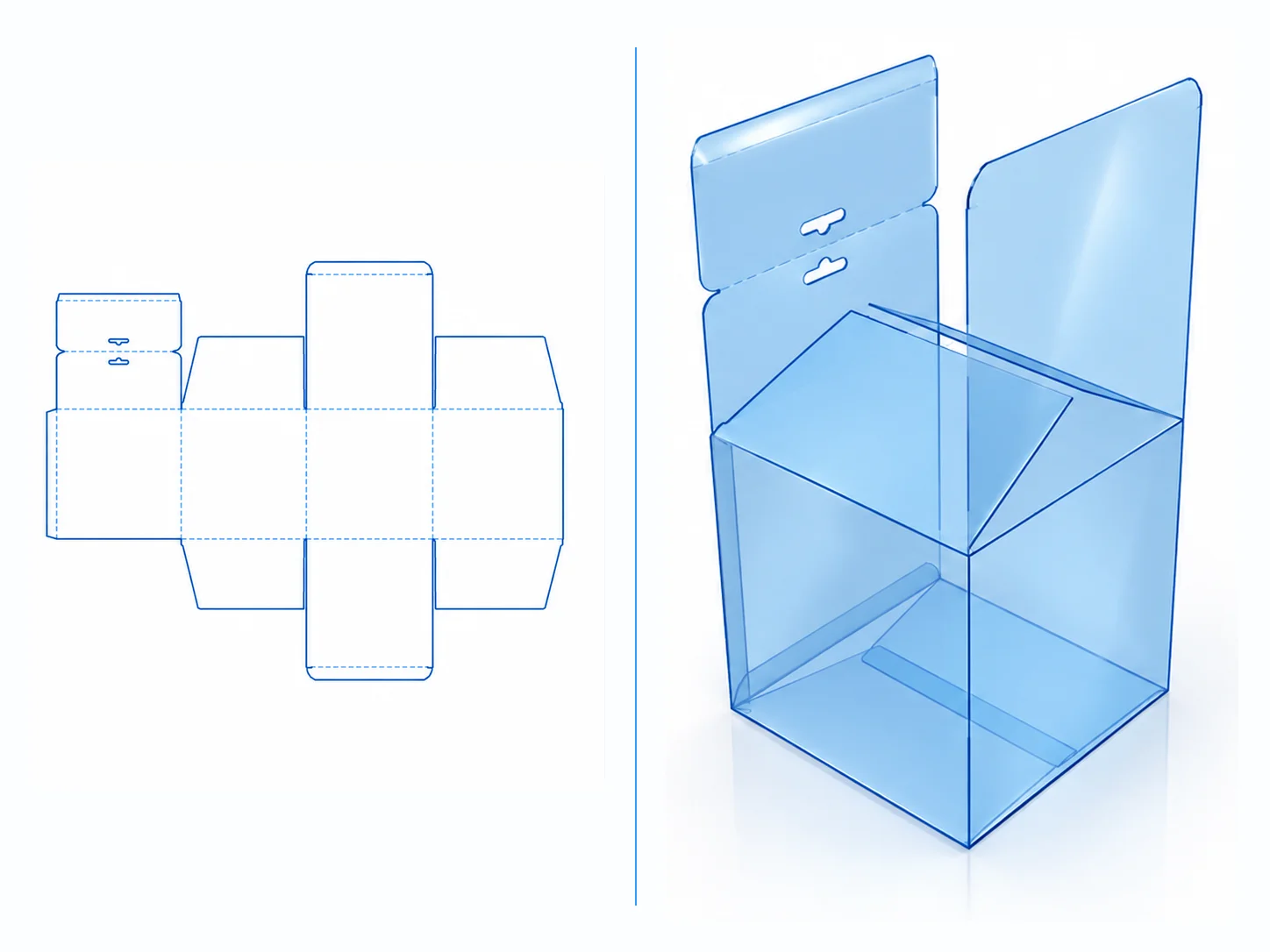 Straight Tuck End with Hanger dieline and transparent 3D box structure