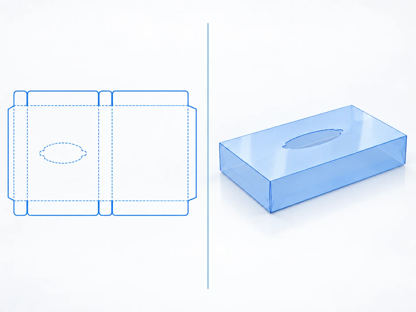 Tissue Box dieline and transparent 3D box structure