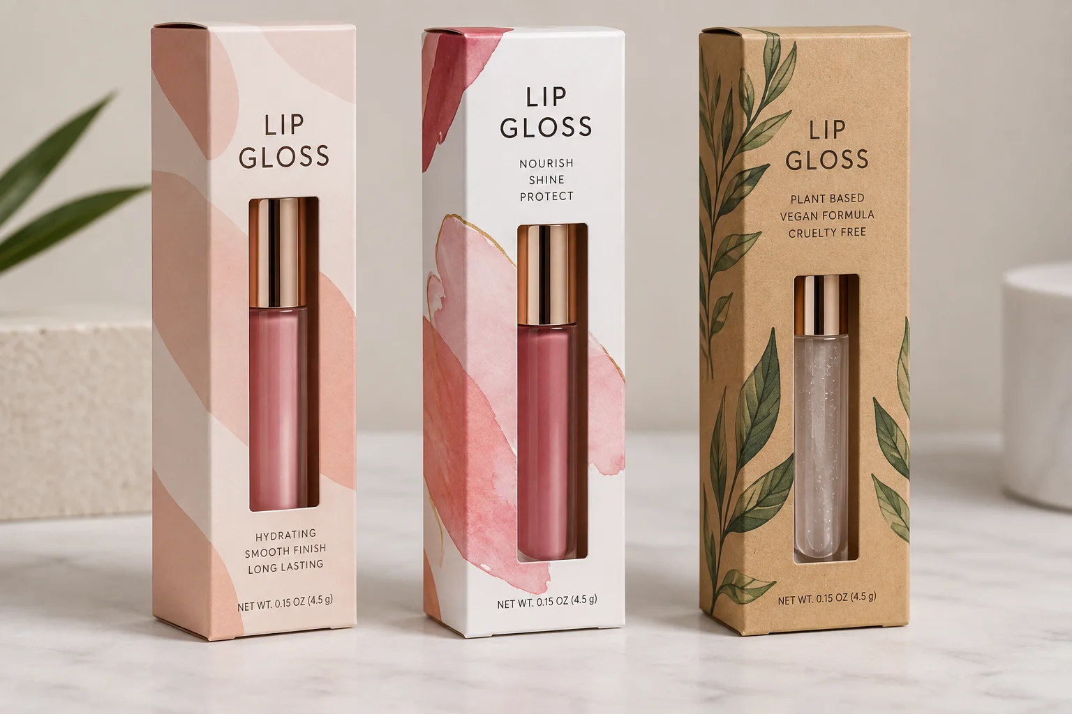 lip gloss packaging ideas shown across three printed cartons