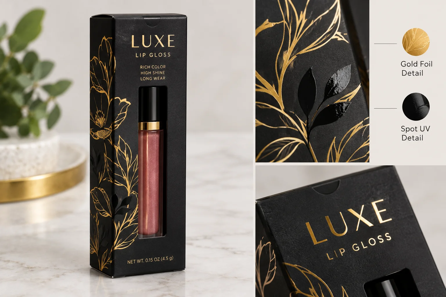 gold foil and spot uv on a matte black lip gloss carton