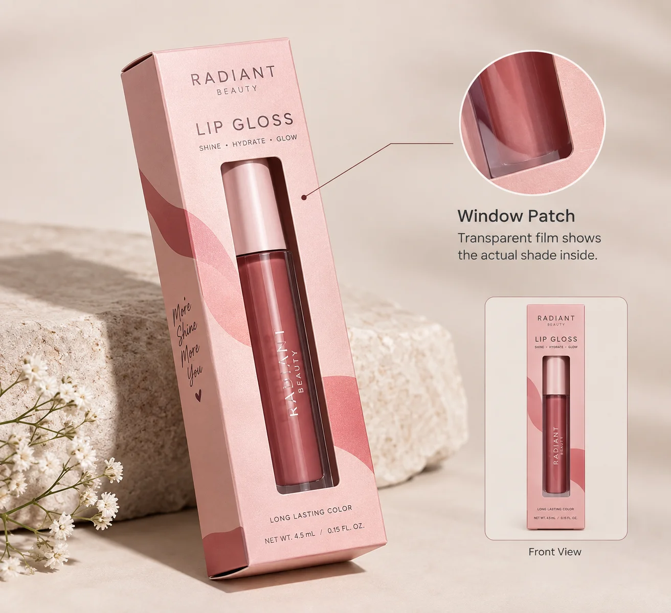 window patched lip gloss carton showing the shade through clear film