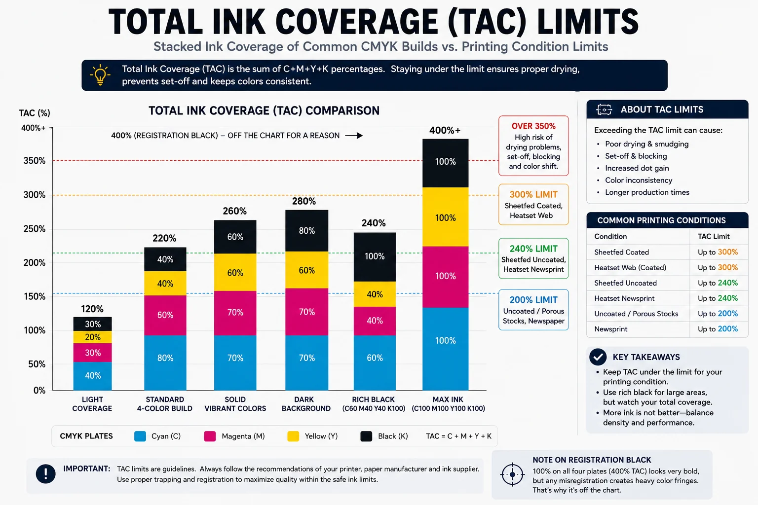 Stacked bar chart of total ink coverage for common CMYK builds against printing condition limits