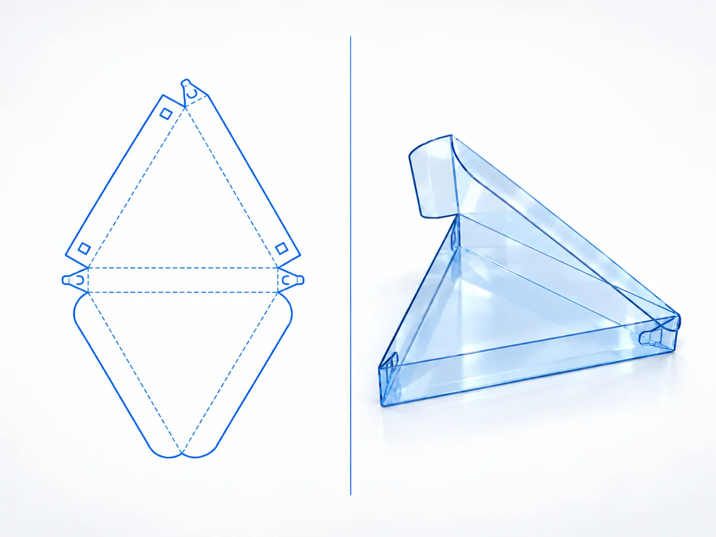 Triangular Box dieline and transparent 3D box structure