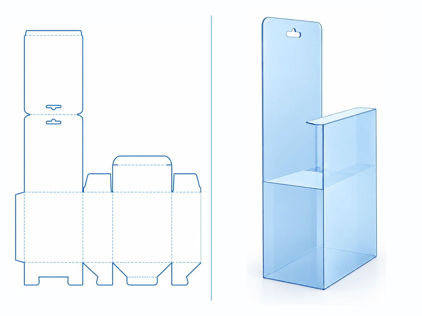 Tuck Top Display with Hanger dieline and transparent 3D box structure