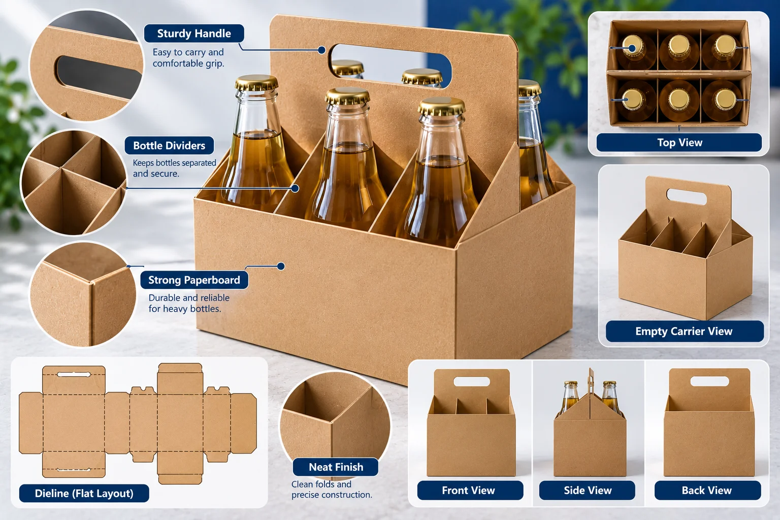 Unprinted beverage multipack carrier made from brown unbleached kraft paperboard
