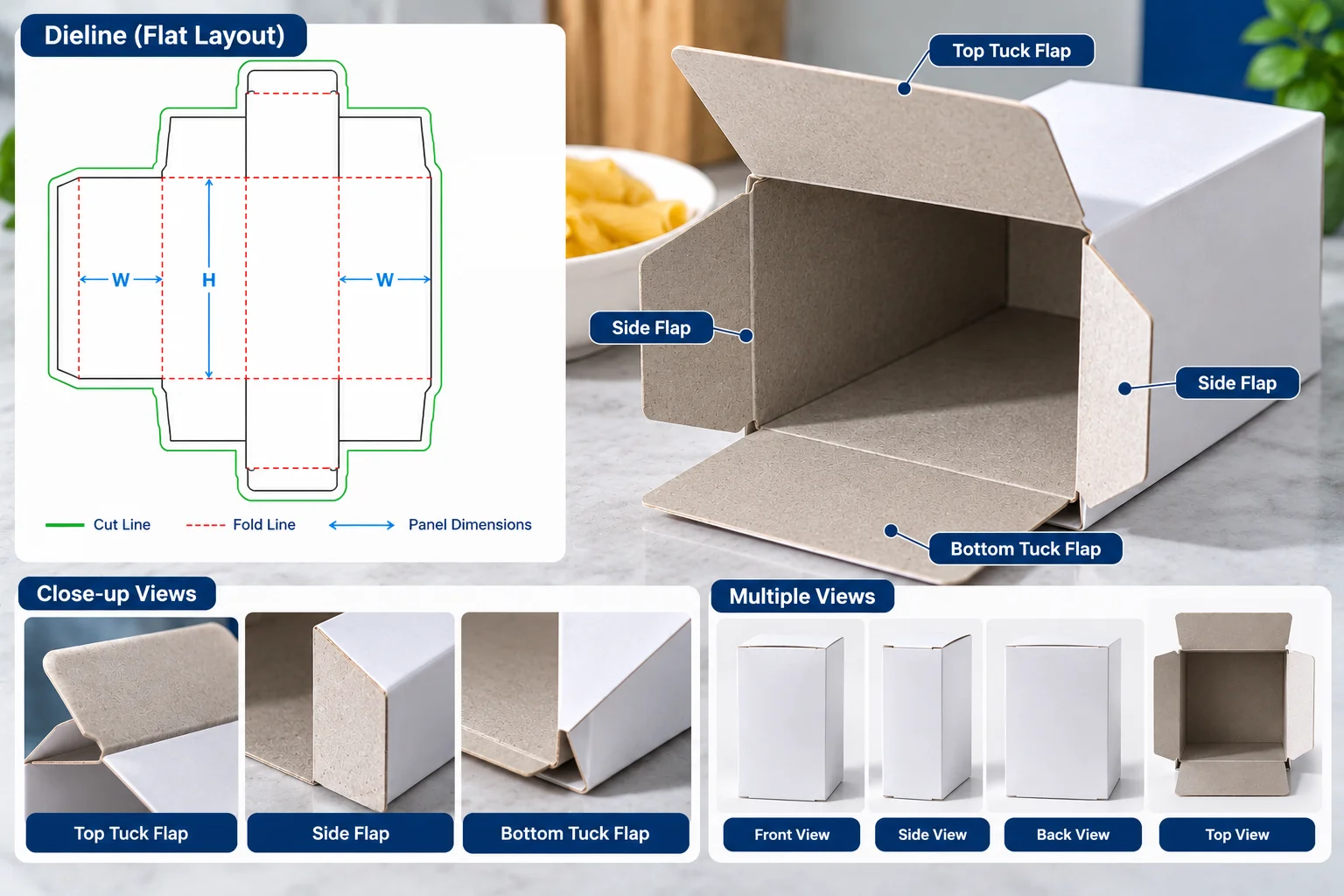 Opened dry goods carton showing the gray back of coated recycled board