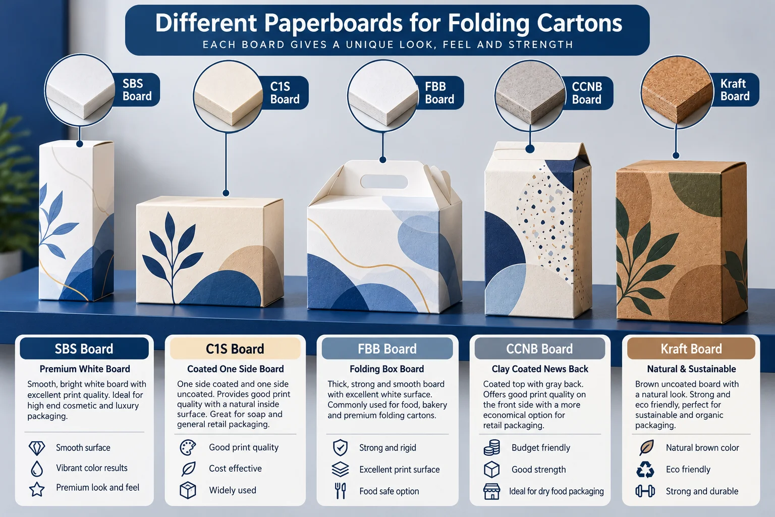 Row of folding cartons for cosmetics, soap, bakery and dry food on different boards
