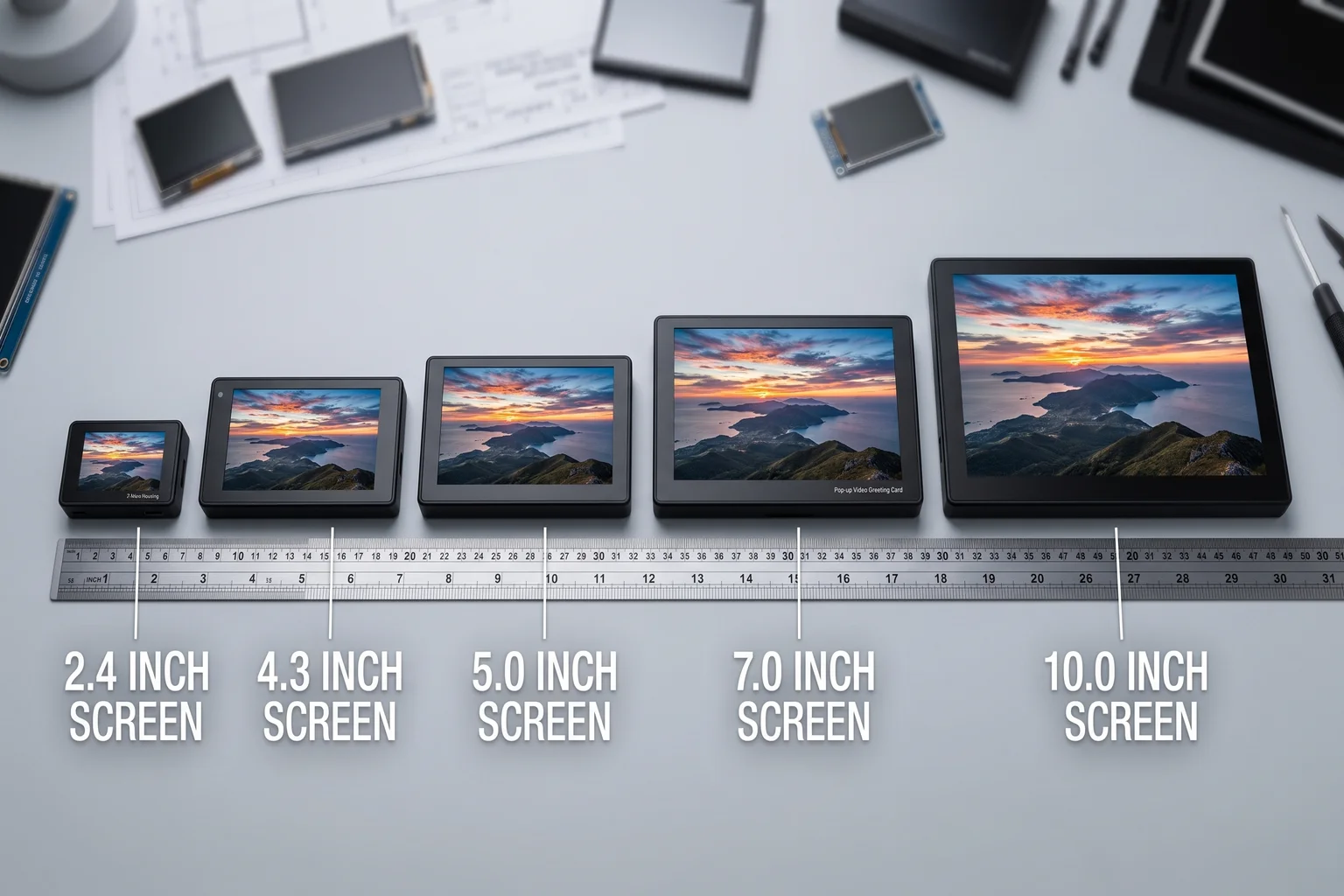 2.4, 4.3, 5, 7 and 10 inch video box screens compared side by side at true scale