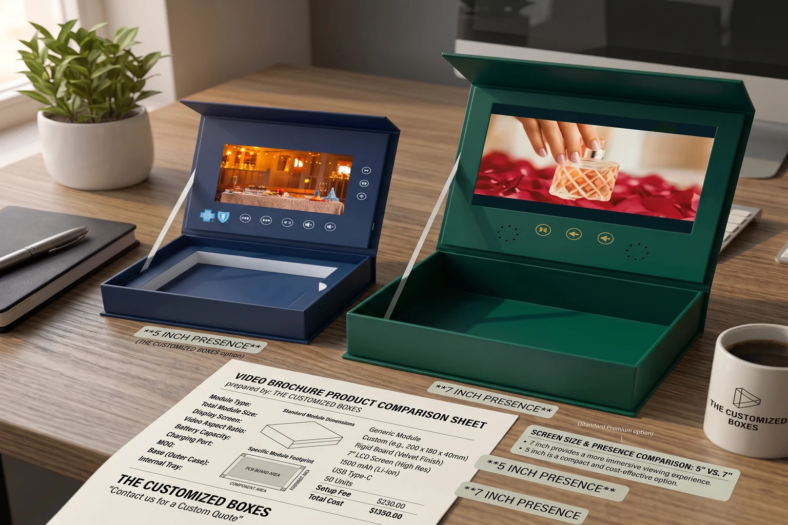 5 inch and 7 inch video boxes open on a desk showing the difference at real viewing distance