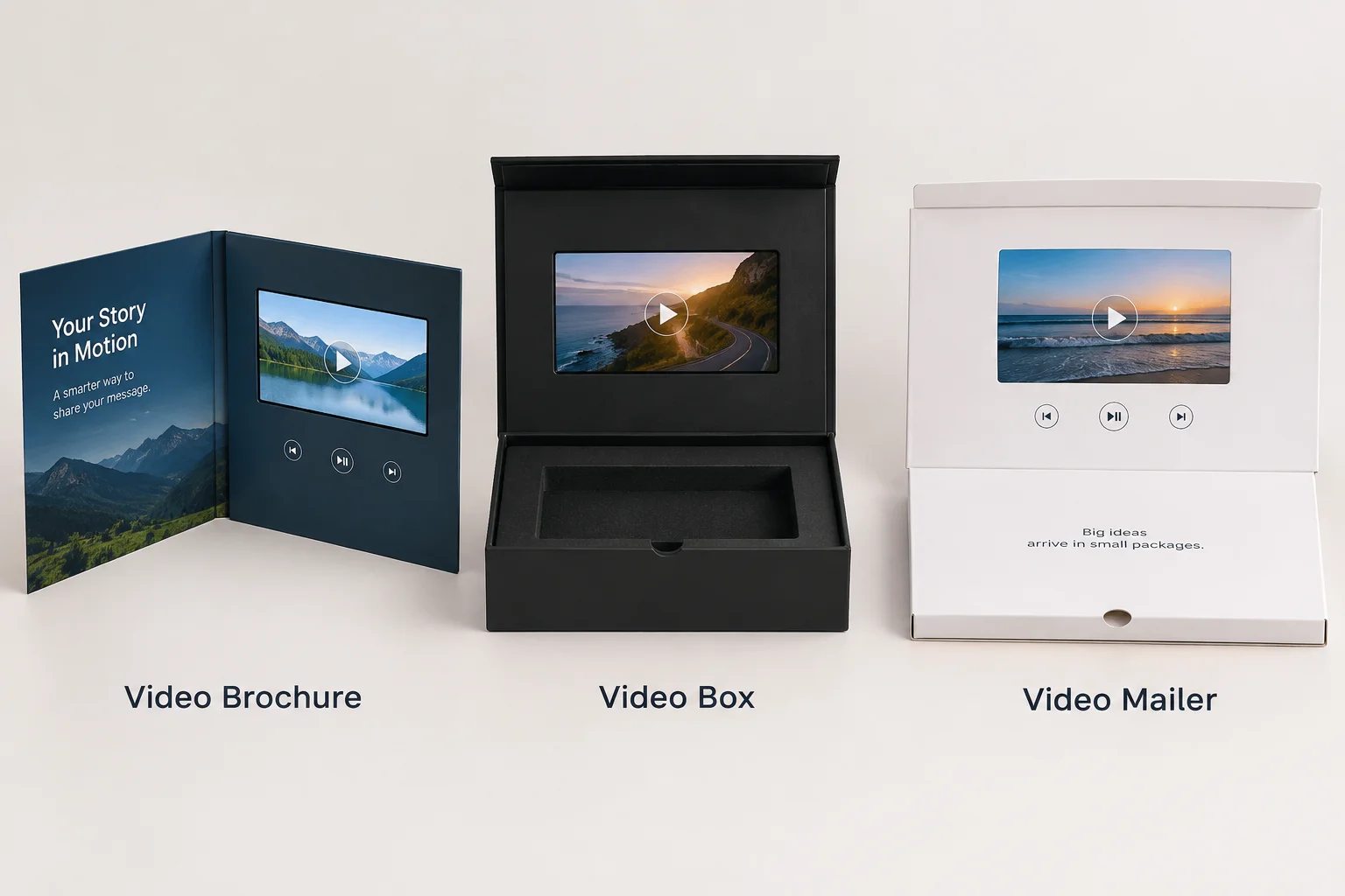 video brochure, video box and video mailer compared side by side