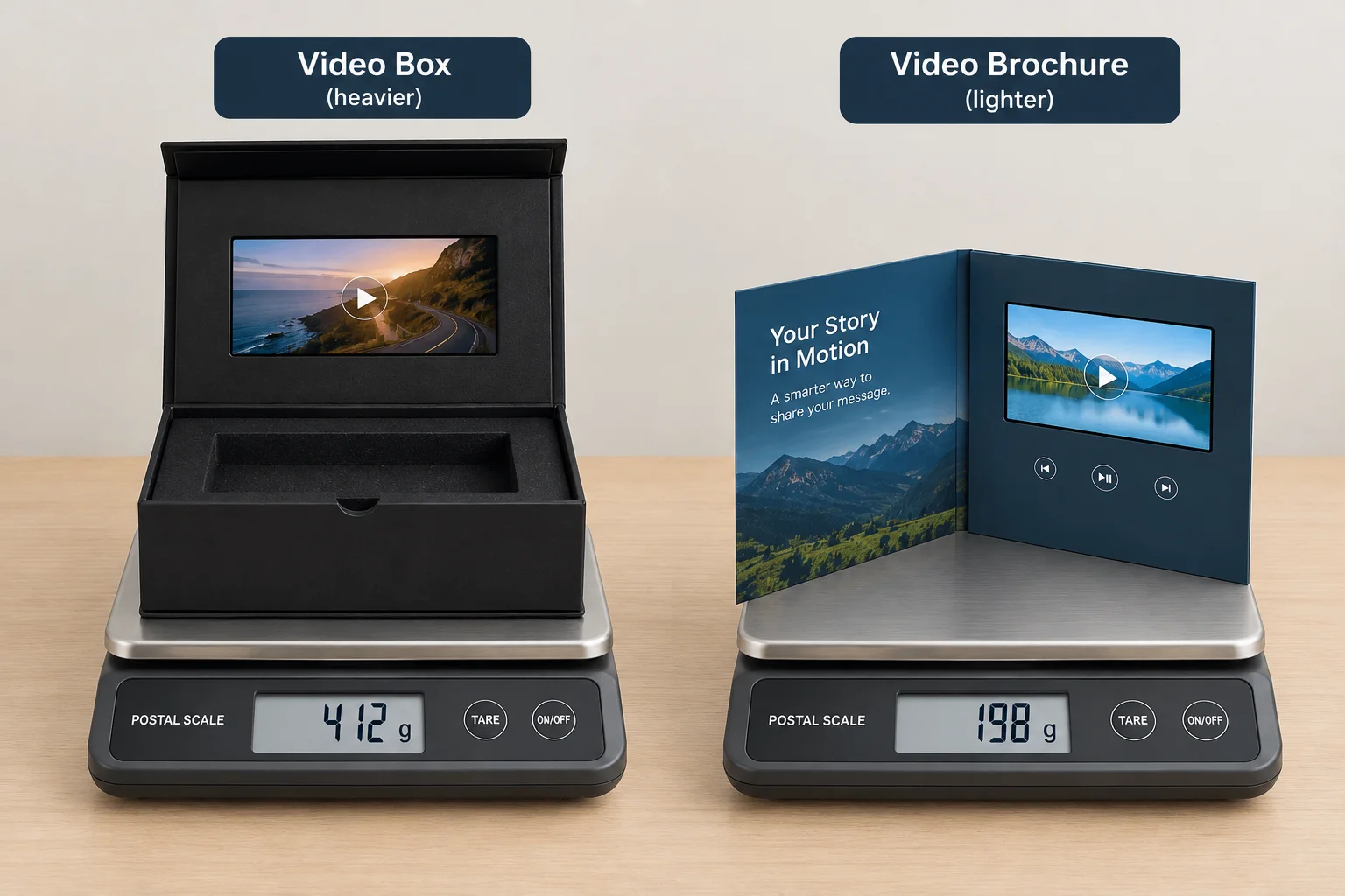 video box and video brochure weight comparison on a scale