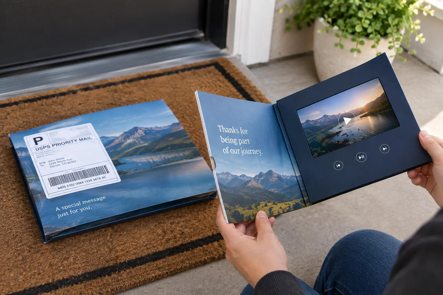 video mailer opened at a doorstep showing it ships without an outer carton