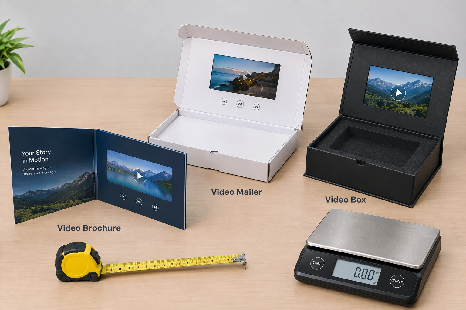 video brochure, mailer and box stacked with a tape measure and postal scale for size and weight comparison