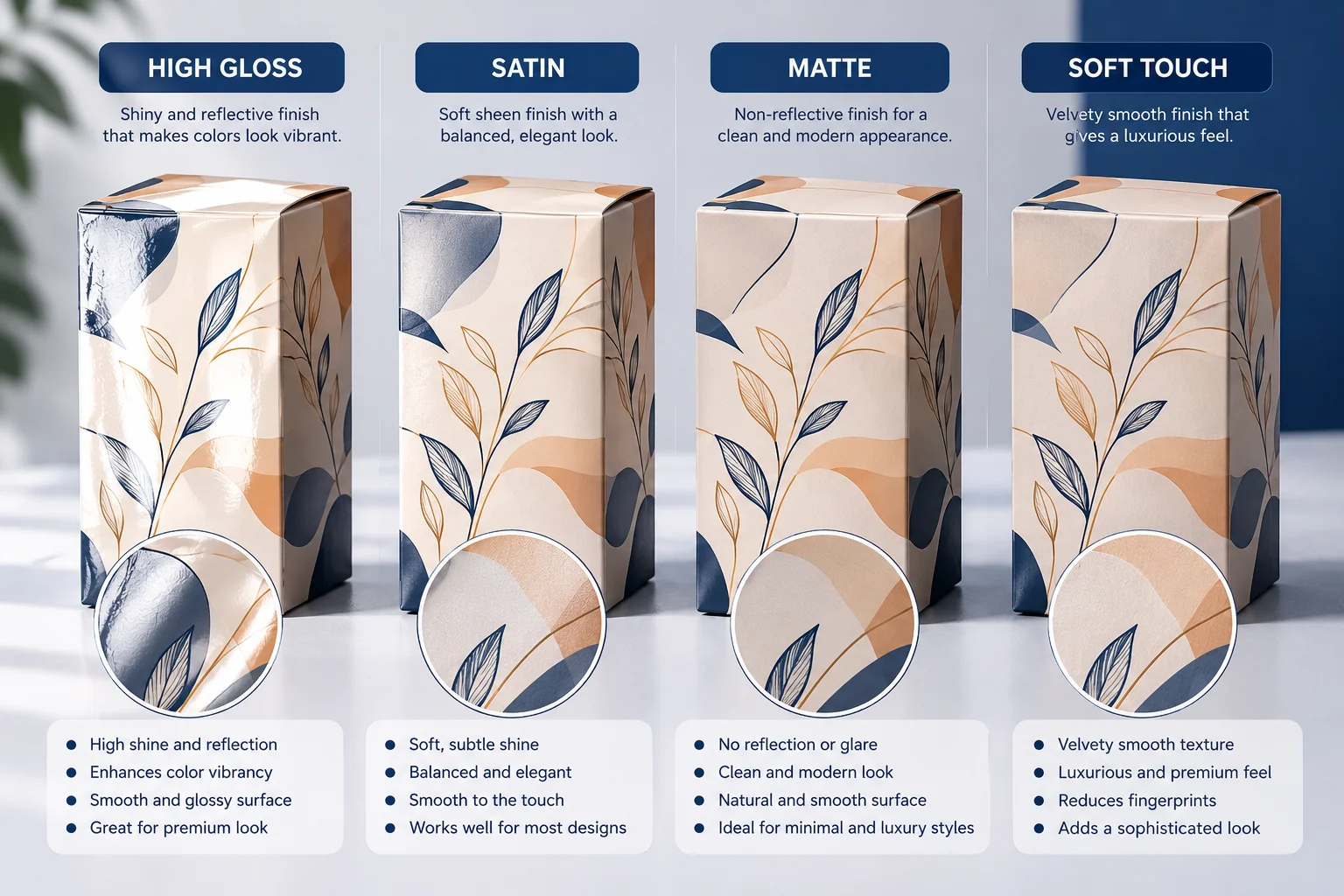 Printed folding cartons with gloss, satin, matte and soft touch aqueous coating side by side