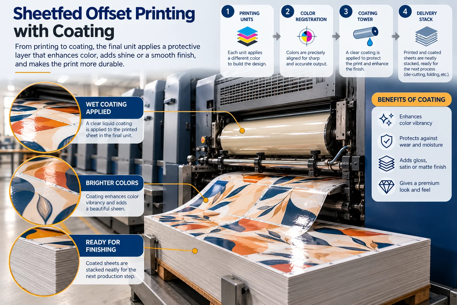 Sheetfed offset press coating tower applying aqueous coating after the last ink unit