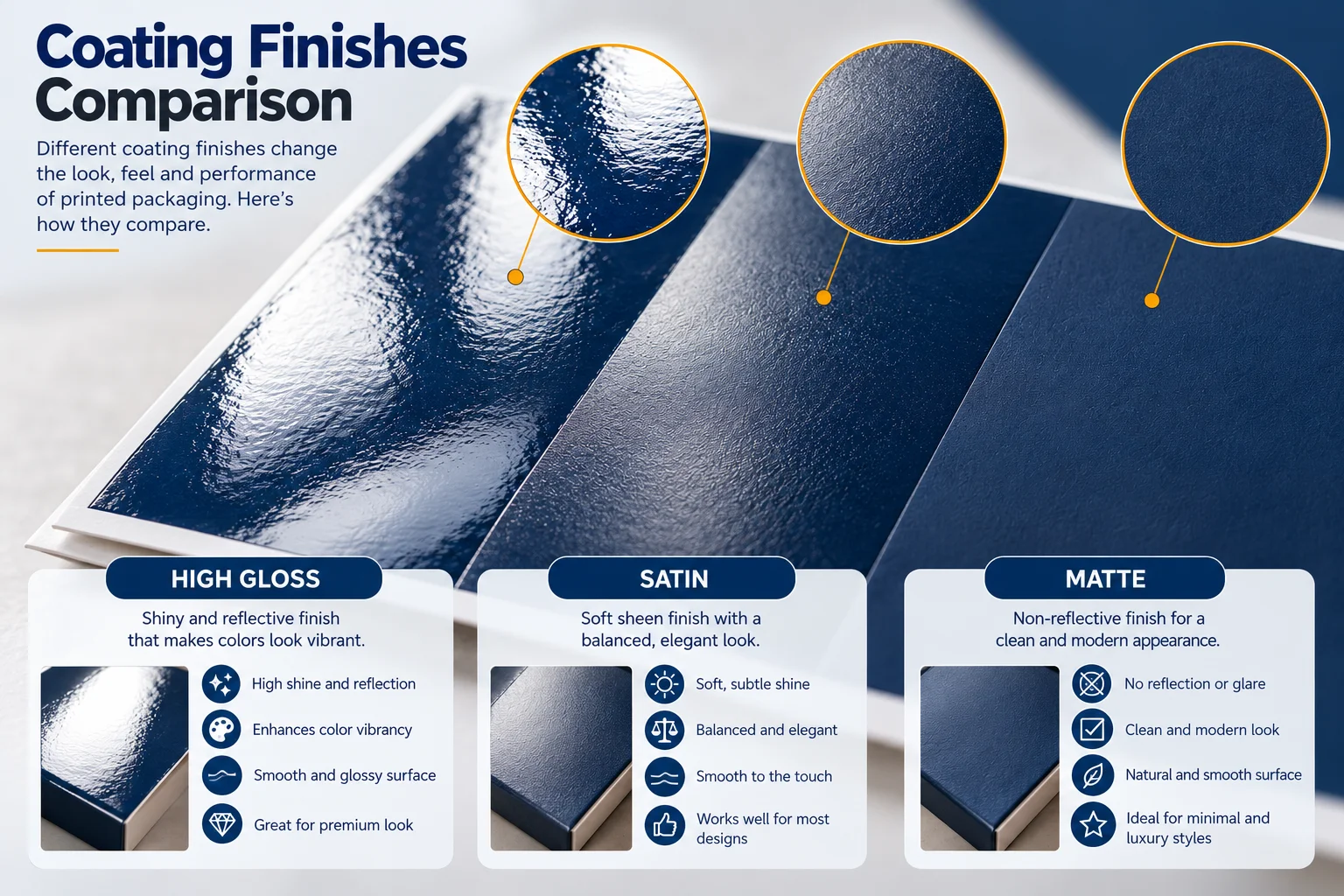 Close-up of gloss, satin and matte aqueous coating on the same printed color
