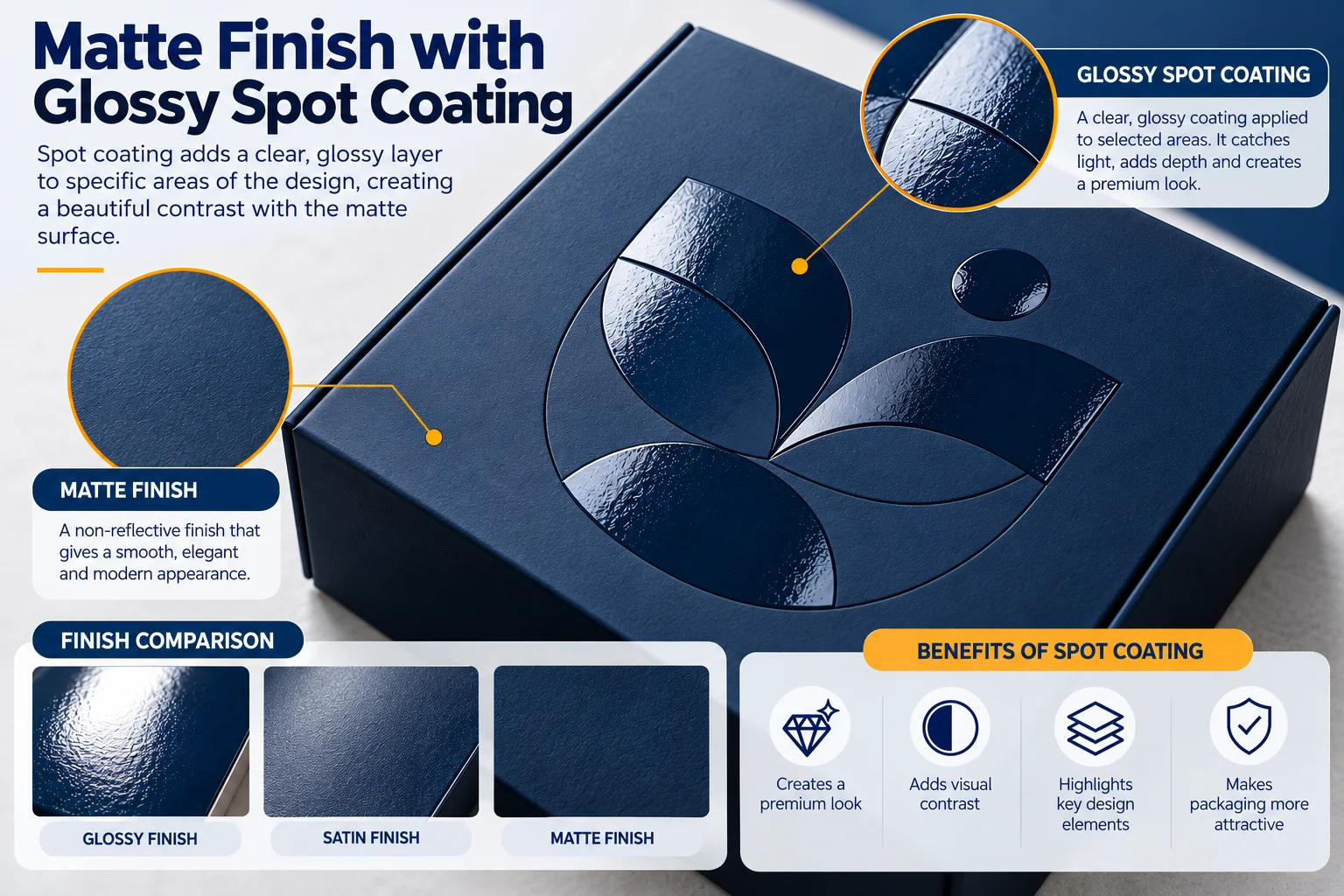 Gloss UV spot coating over matte aqueous coating on a printed box lid