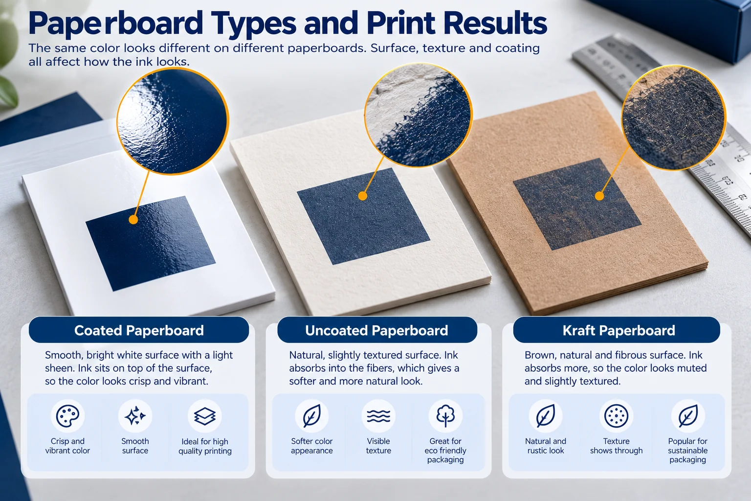Coated, uncoated and kraft board samples showing how aqueous coating sits on each