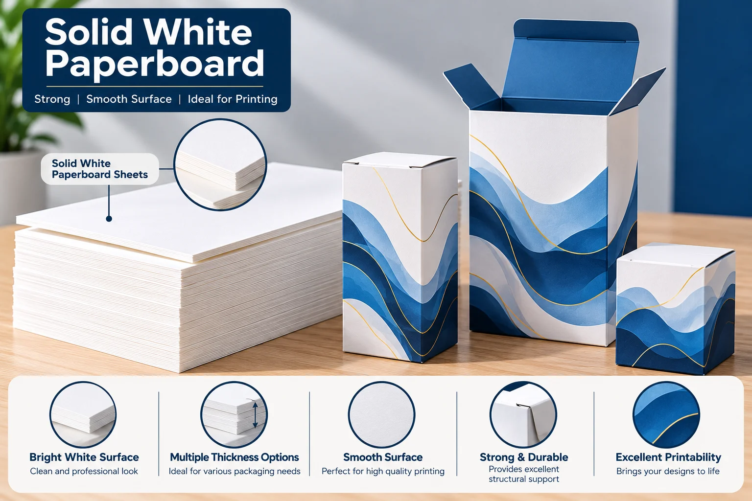Stack of white SBS paperboard sheets beside printed folding cartons made from the same board