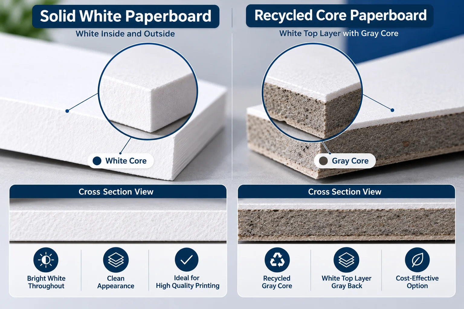 Cut edge of SBS paperboard next to the gray core of a recycled board
