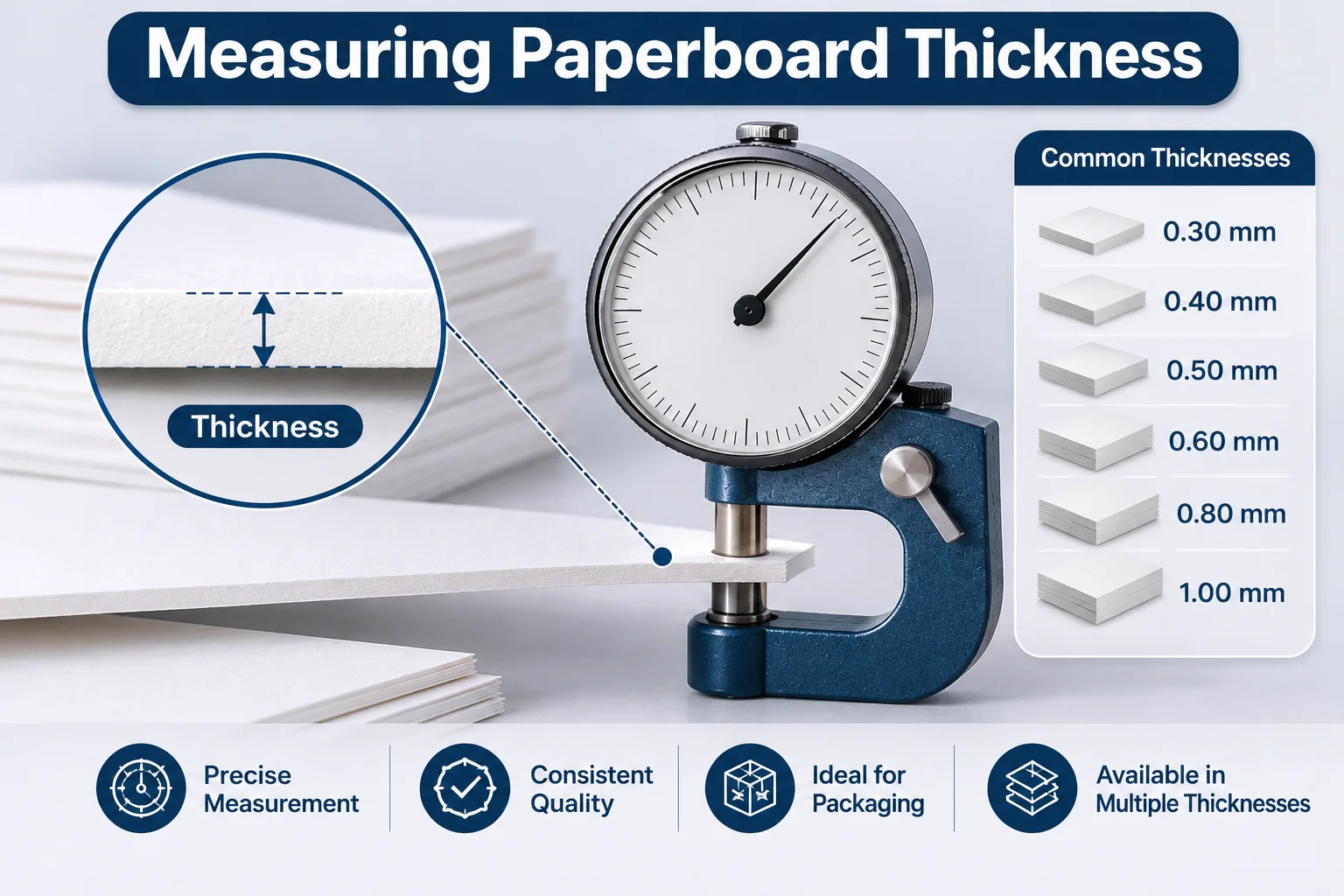 Micrometer measuring the caliper of an SBS paperboard sheet in points