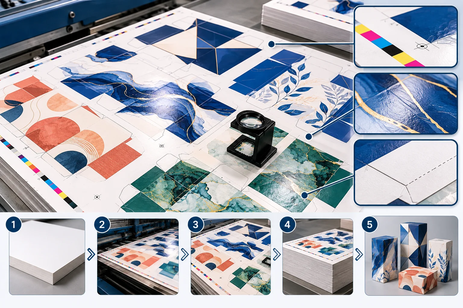 Offset printed press sheet of folding cartons on coated SBS paperboard