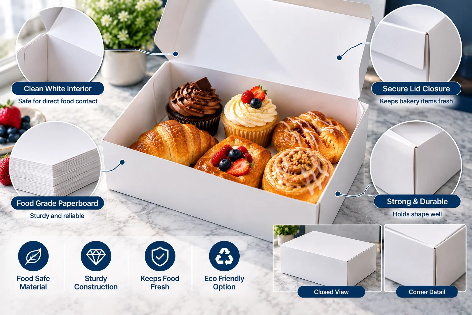 White food grade SBS bakery box holding pastries with the lid open