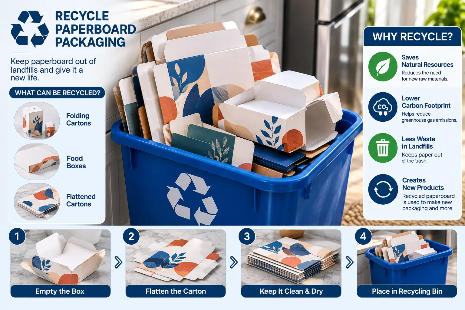 Flattened printed paperboard cartons in a home recycling bin