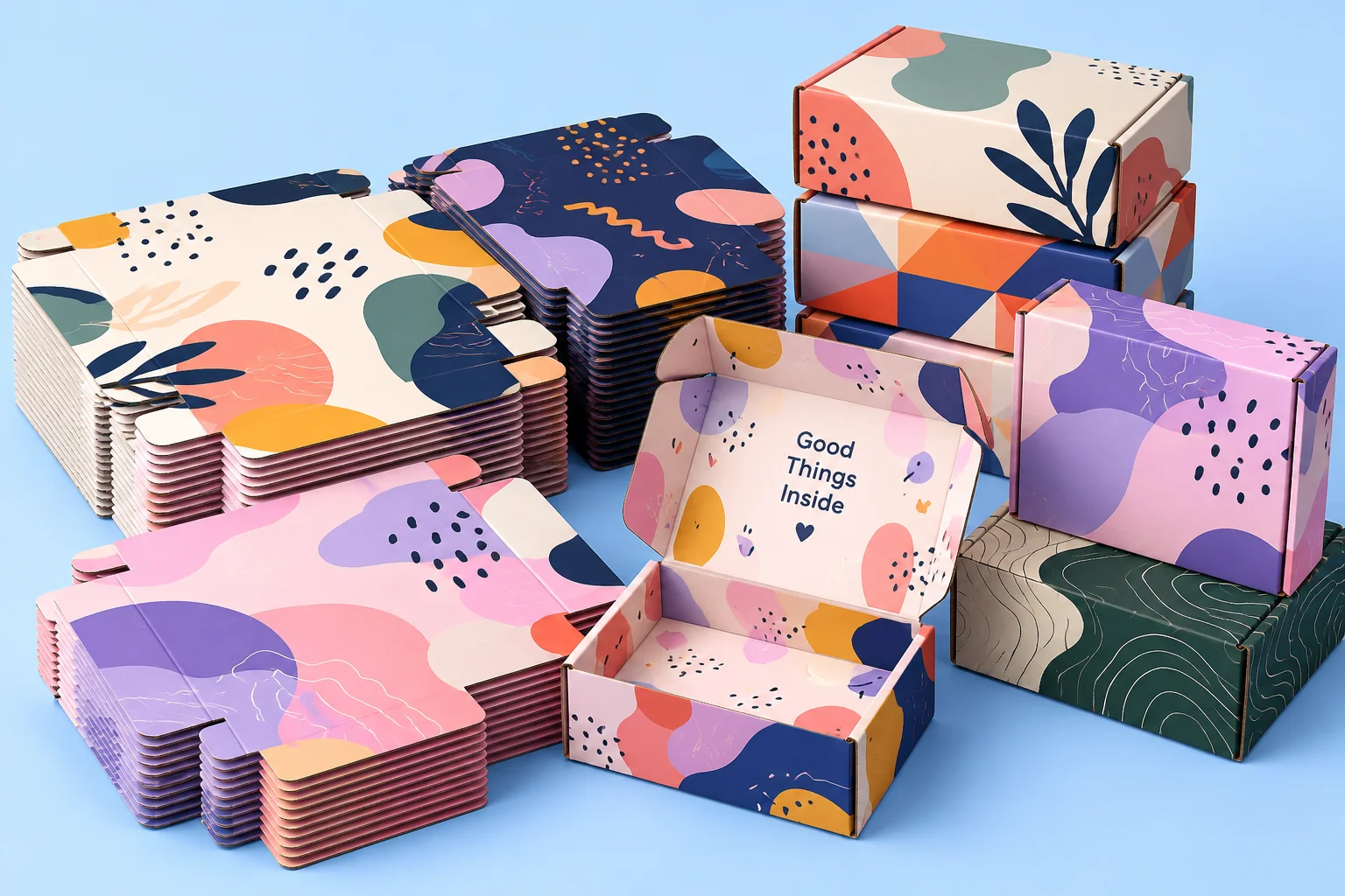 Stack of flat custom printed boxes and assembled mailers ready for a small business order