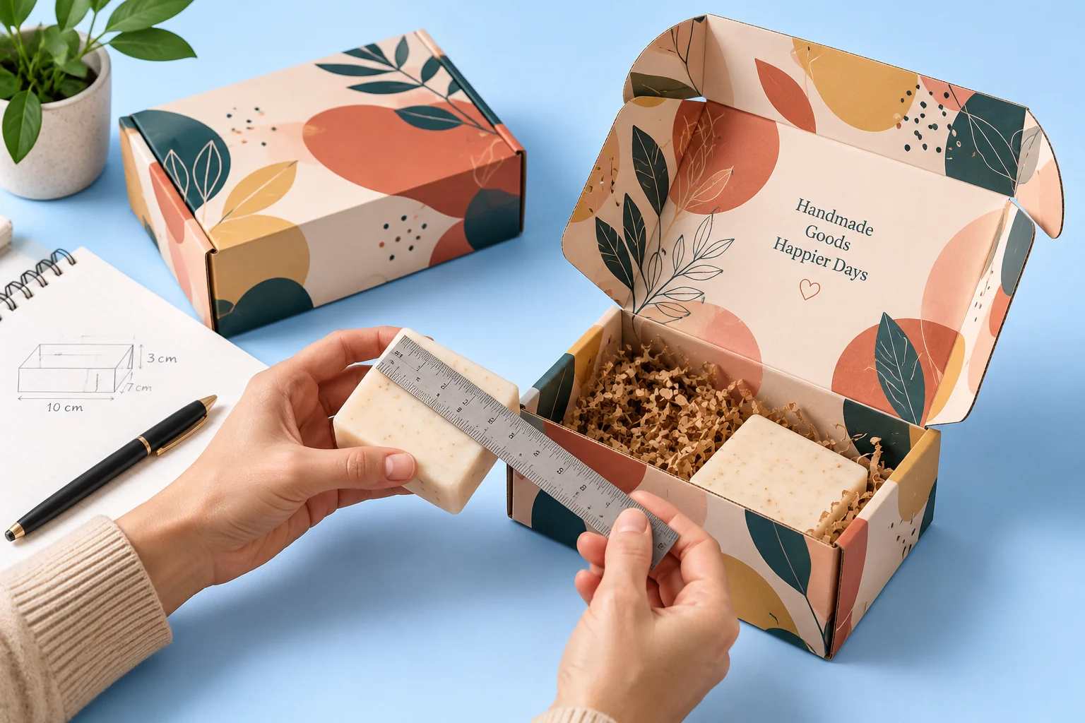 Hands measuring a product with a ruler next to an open custom box