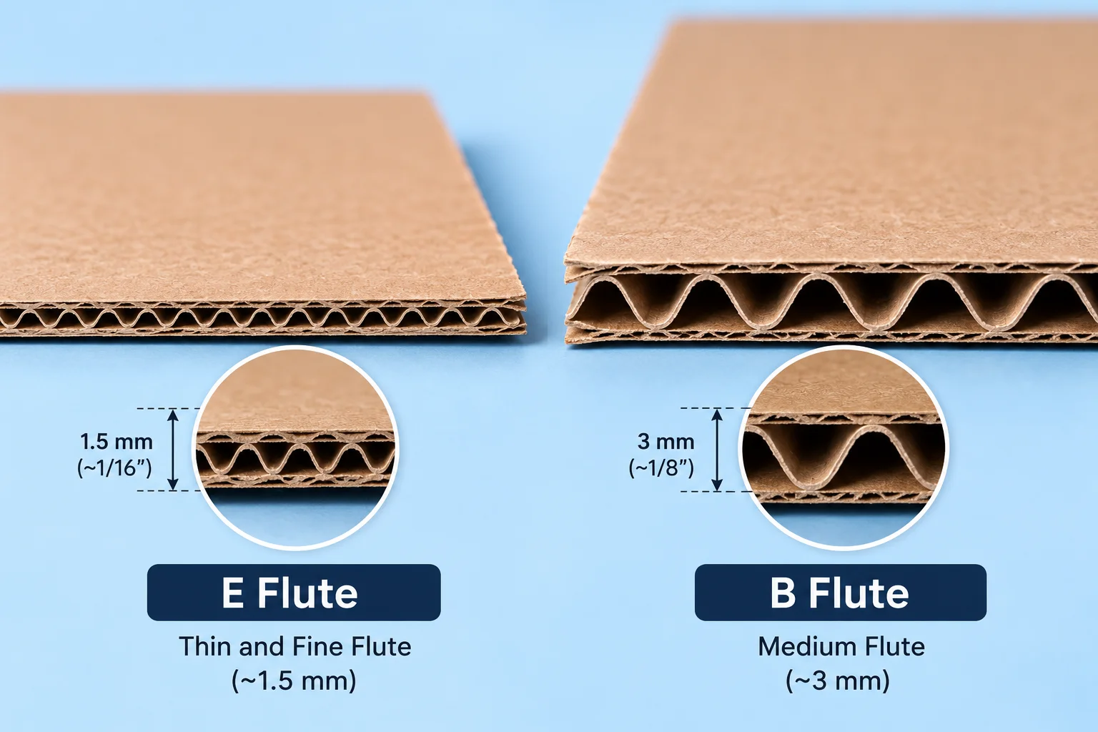 Cut edges of E flute and B flute corrugated board side by side